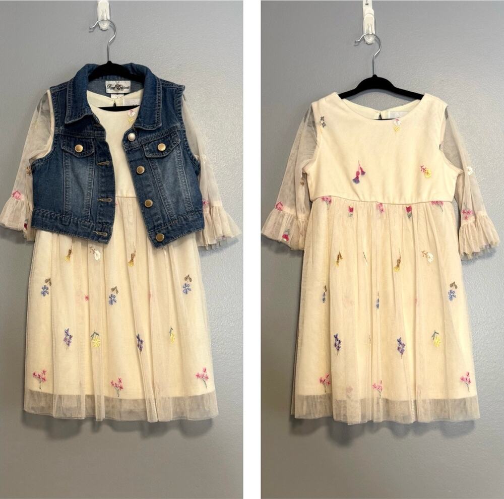 Rare Editions Ivory Floral Dress and Denim Jean Vest Set 6